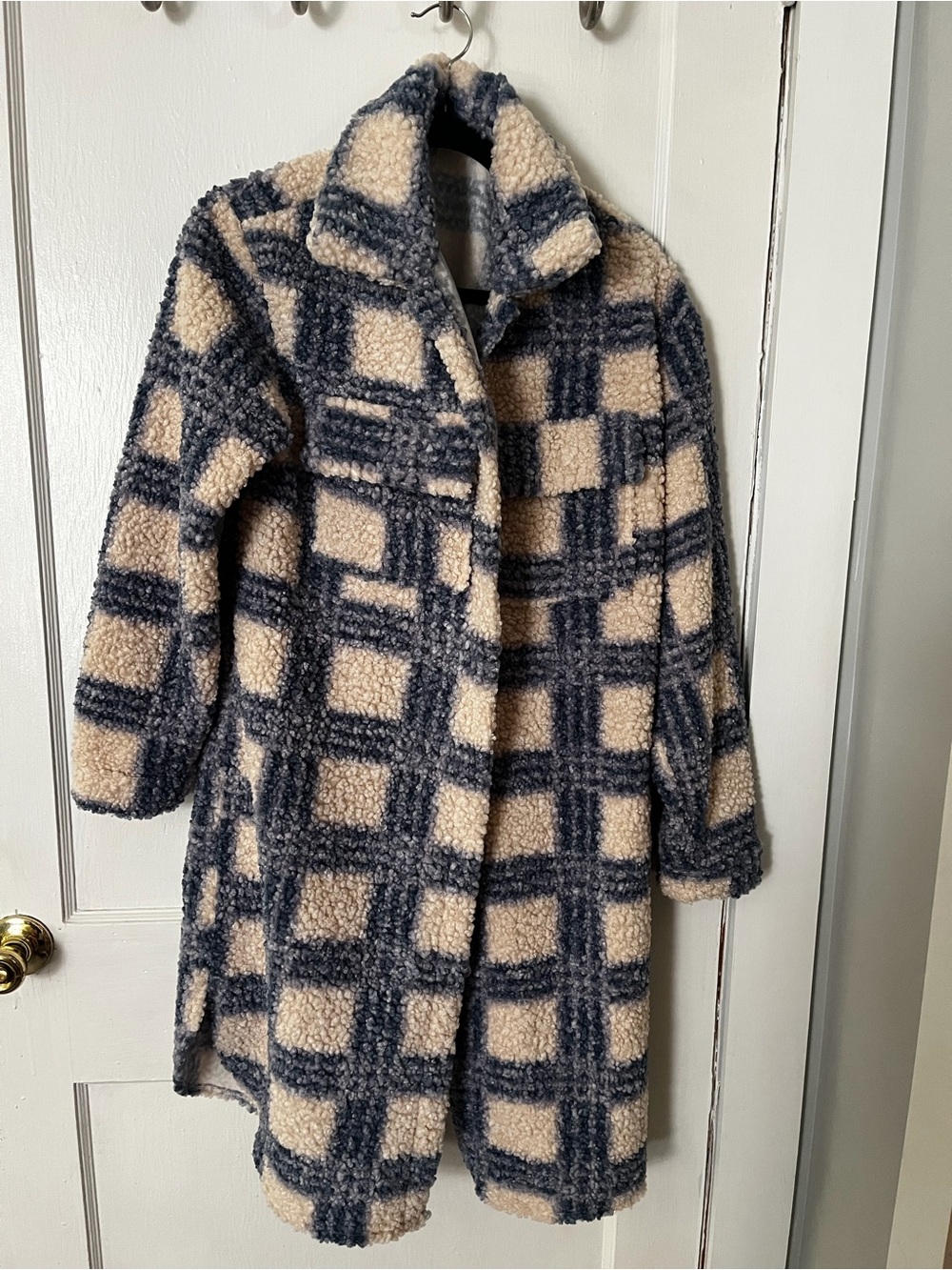 Blue Casual Women's Plaid Print Drop Shoulder Flap Pocket Coat